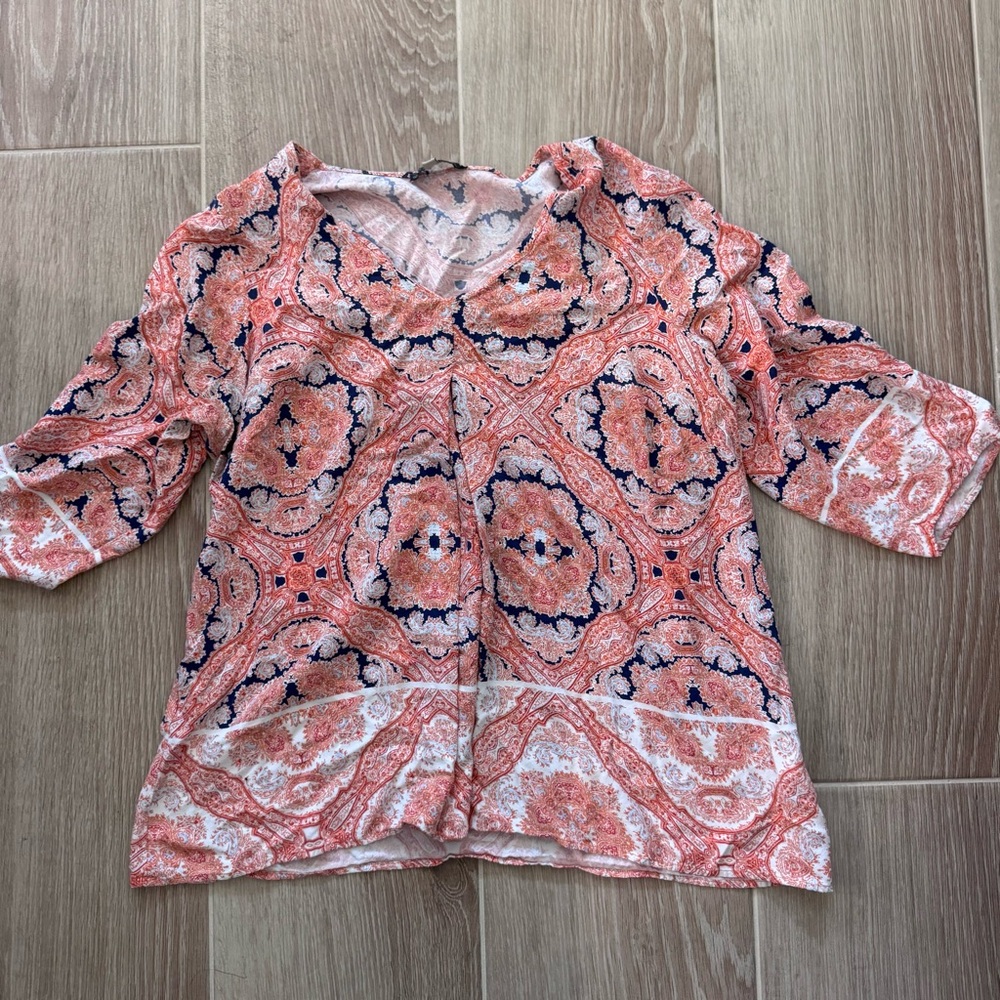 Rose & Olive Coral and Navy Patterned V-Neck Tunic